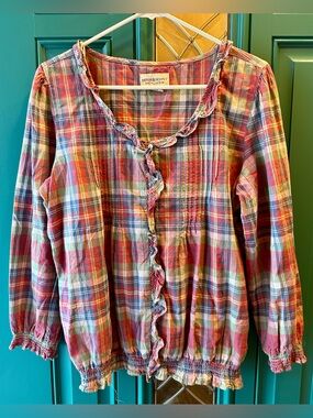 Denim Supply Ralph Lauren Plaid Ruffle Peasant Blouse Sz Large Smocked Hem Boho